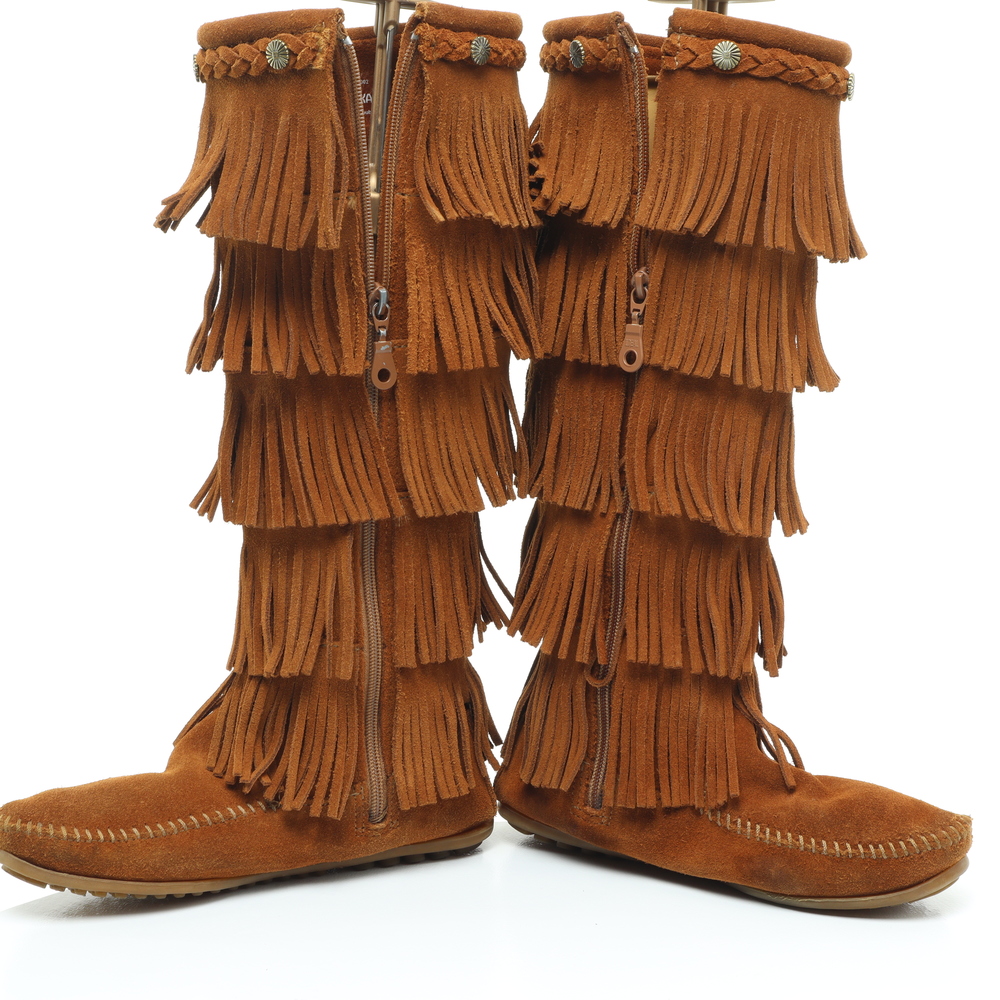 Minnetonka 5 Layer Fringe Suede Leather Moccasins Women 6 Brown - Picture 9 of 15